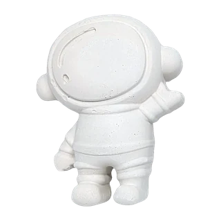 The astronaut casting, unpainted white plaster: round helmet, arm raised.