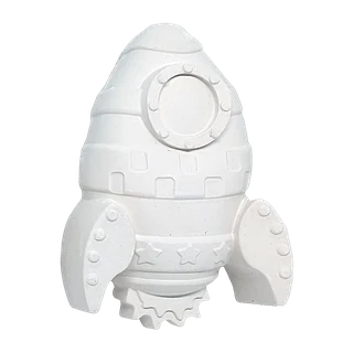 The rocket casting, unpainted white plaster: porthole window, three fins and a row of stars.