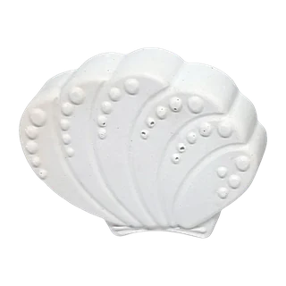 The seashell casting, unpainted white plaster: a fan-shaped scallop shell with raised ribs and a beaded edge.