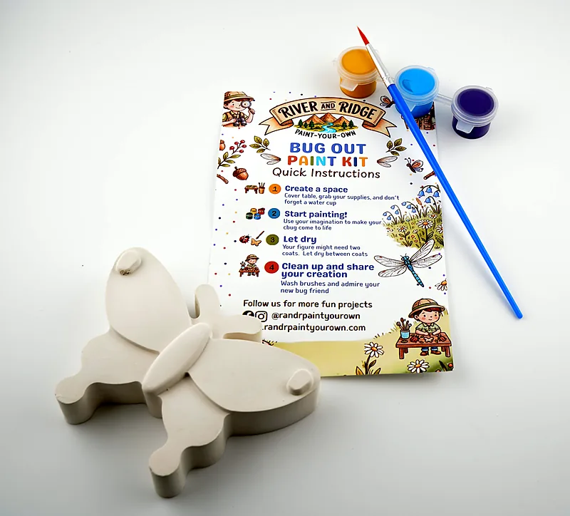 The Bug Out kit as it ships: a plaster butterfly, three pots of paint and a brush, laid out with the printed instruction card.