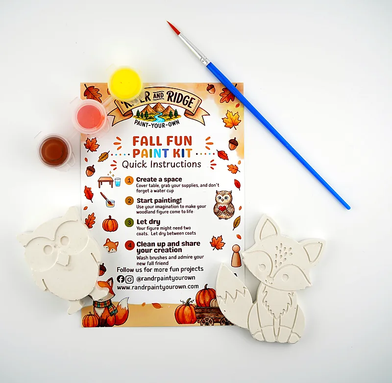 The Fall Fun kit as it ships: a plaster fox and owl, three pots of paint and a brush, laid out with the printed instruction card.