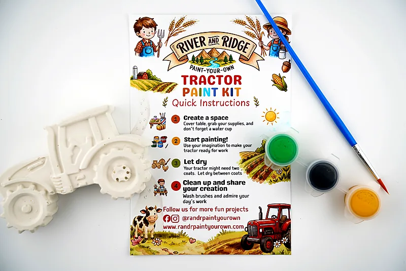The Tractor kit as it ships: one plaster tractor, three pots of paint and a brush, laid out with the printed instruction card.