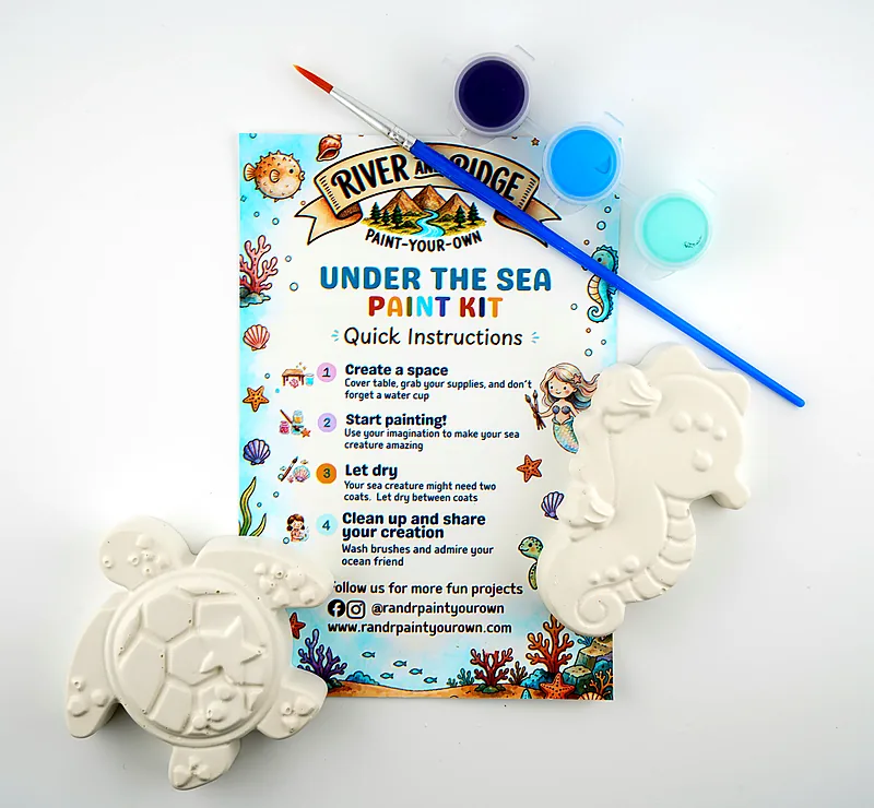 The Under the Sea kit as it ships: a plaster sea turtle and seahorse, three pots of paint and a brush, laid out with the printed instruction card.
